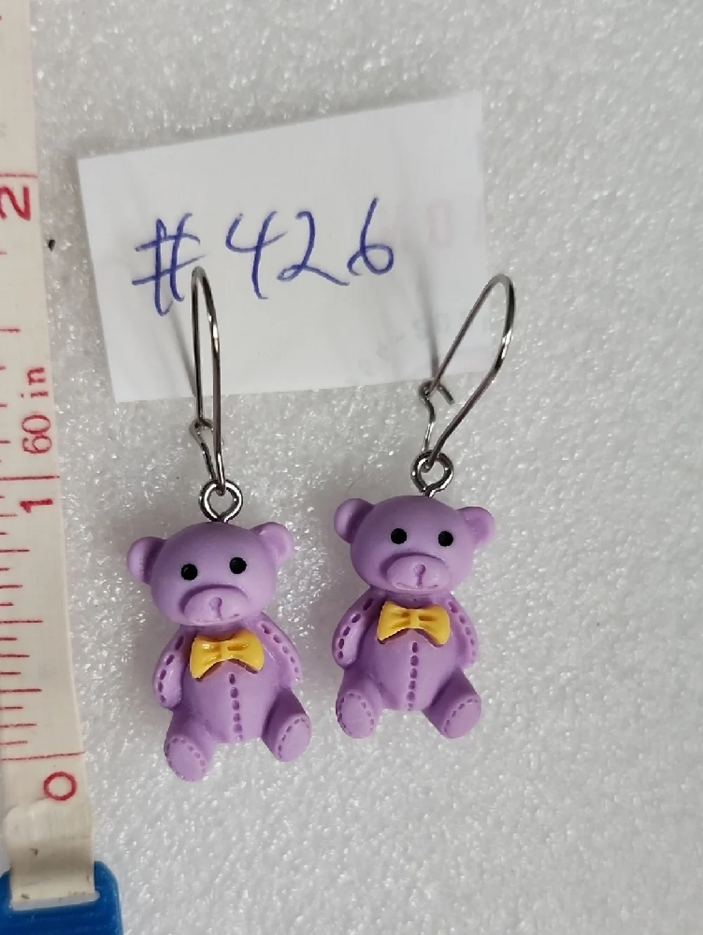 Hand Crafted Purple Teddy Bear Earrings with Yellow Bow